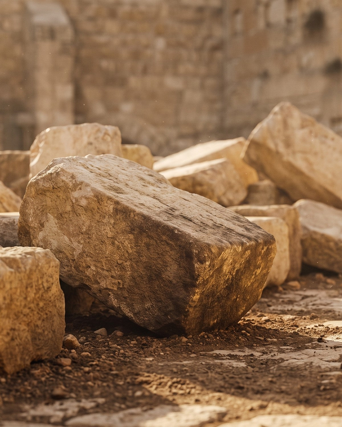 Fallen Herodian stones on the street below the western wall of the Temple Mount, thrown down in 70 CE