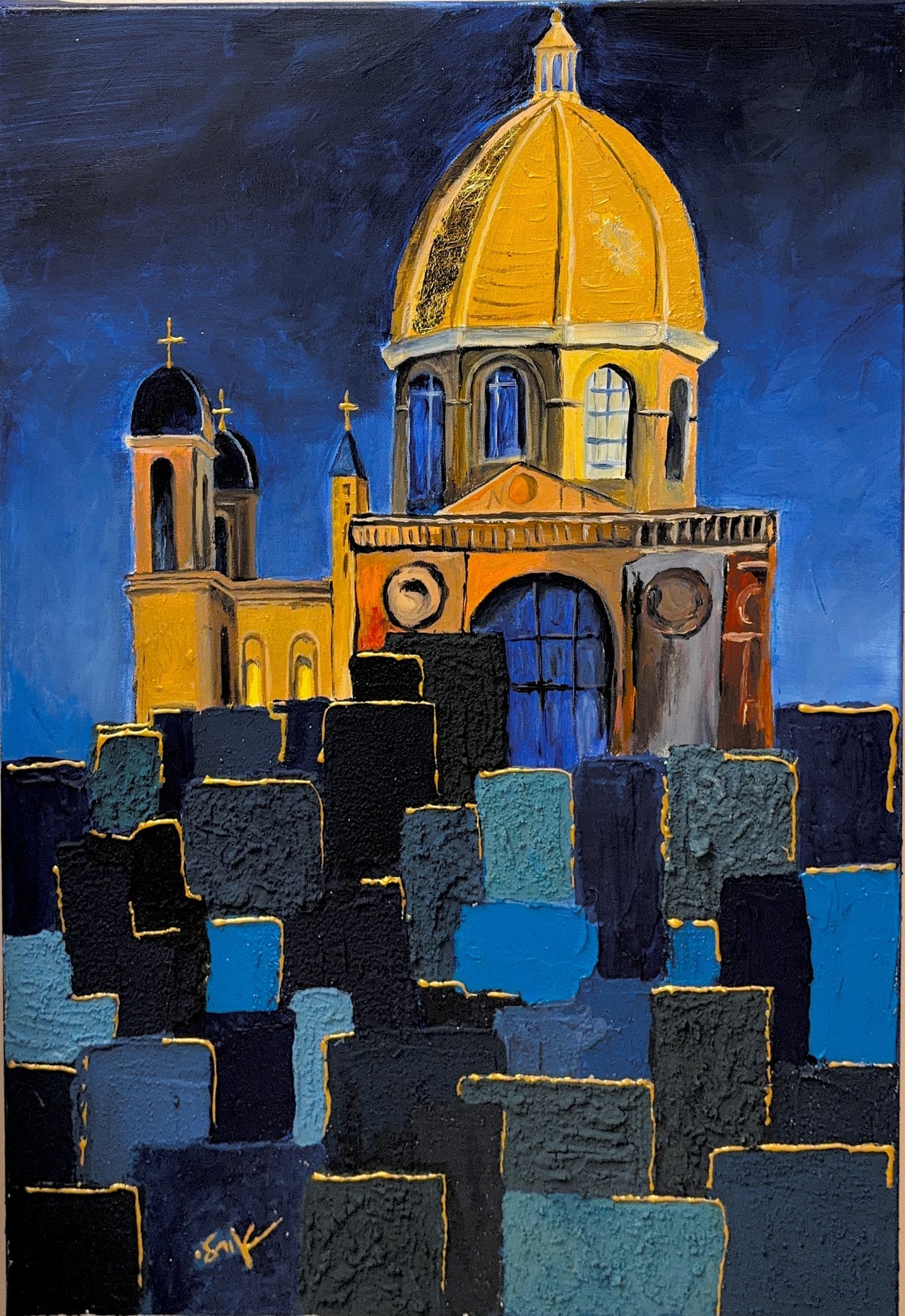 Focal Point of Existence, full view of the original acrylic and sand painting by Orly Ditelzweig