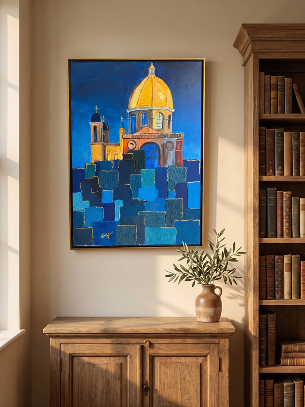 Focal Point of Existence in a home study beside a bookshelf and an olive branch
