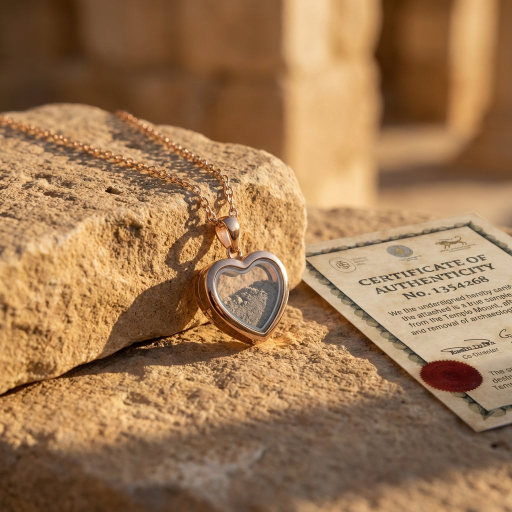 Heart pendant necklace in rose gold, holding Temple Mount soil