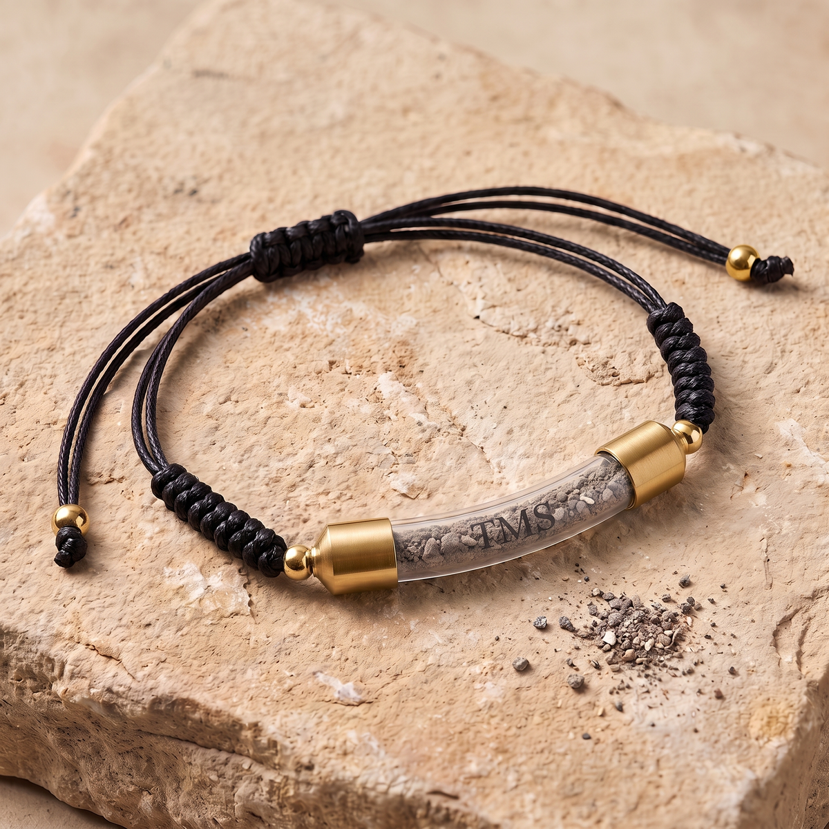 Covenant Soil Bracelet in black with gold-tone caps, glass capsule filled with Temple Mount soil