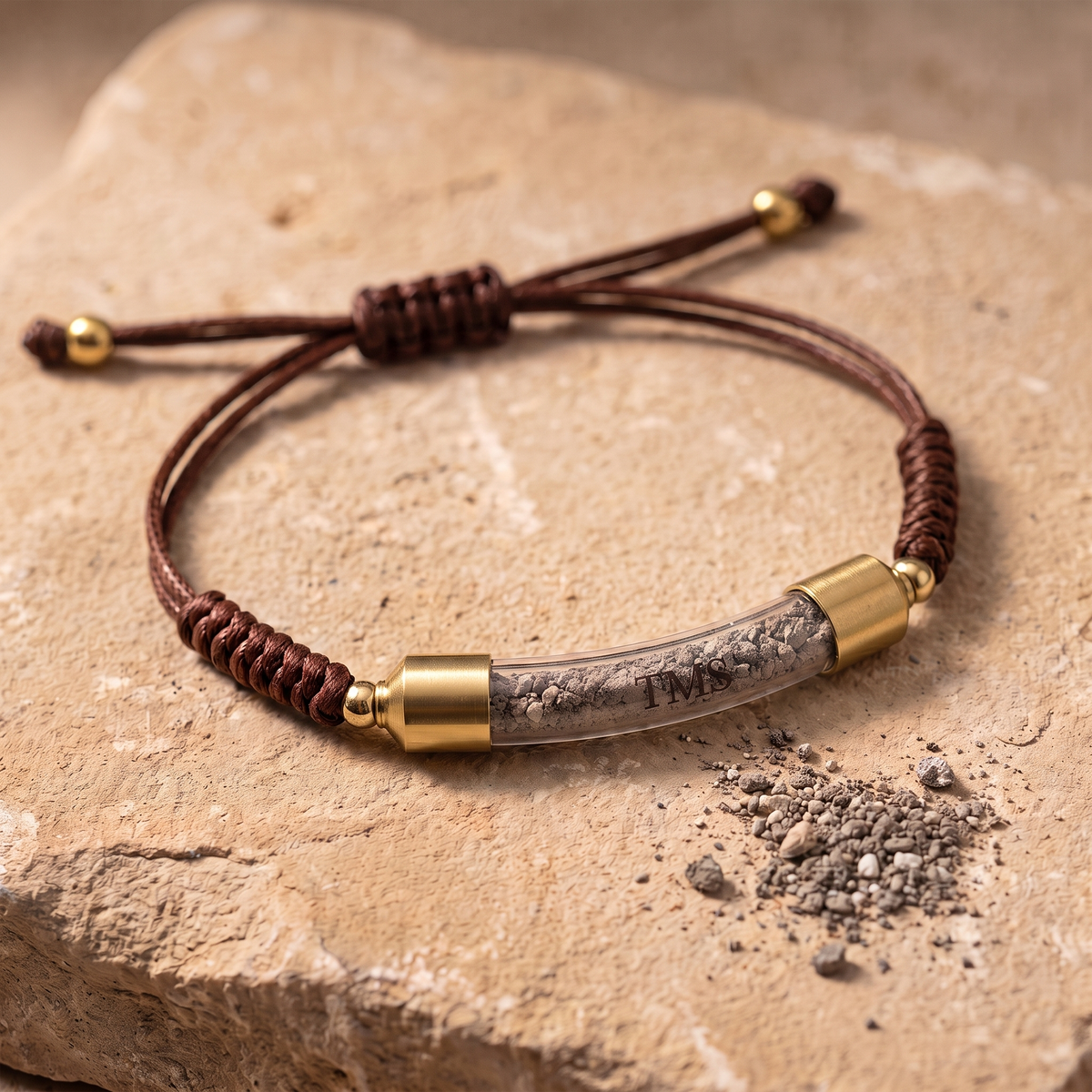 Covenant Soil Bracelet in brown with gold-tone caps, glass capsule filled with Temple Mount soil