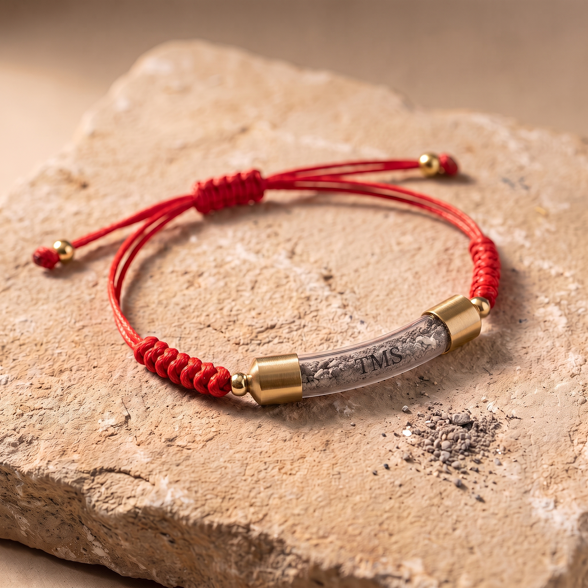 Covenant Soil Bracelet in red with gold-tone caps, glass capsule filled with Temple Mount soil