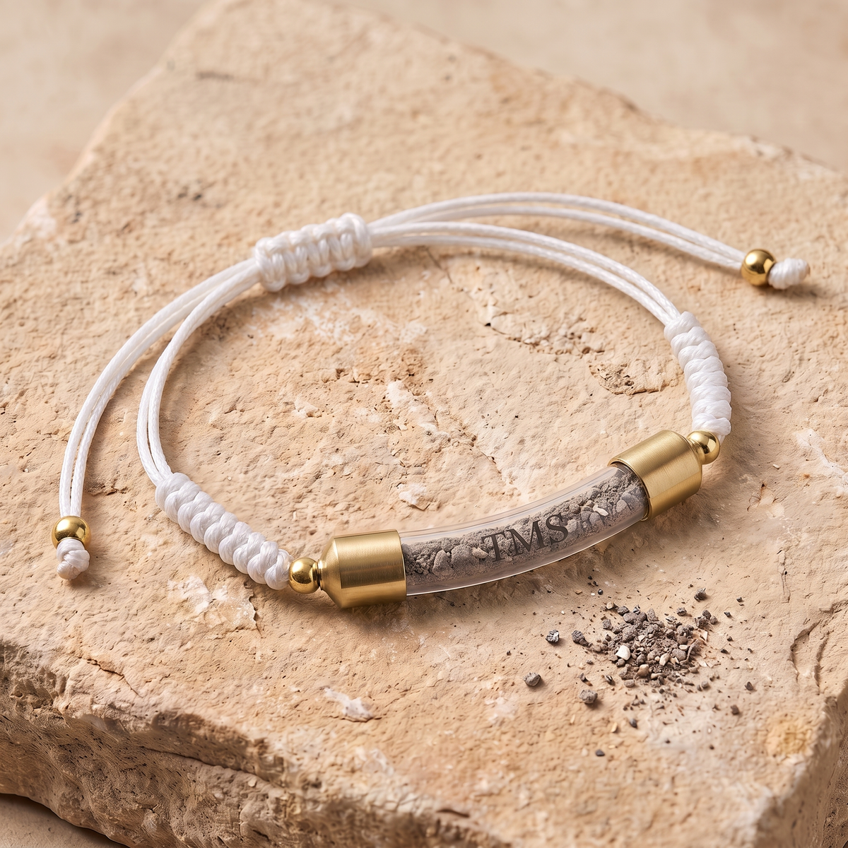 Covenant Soil Bracelet in white with gold-tone caps, glass capsule filled with Temple Mount soil