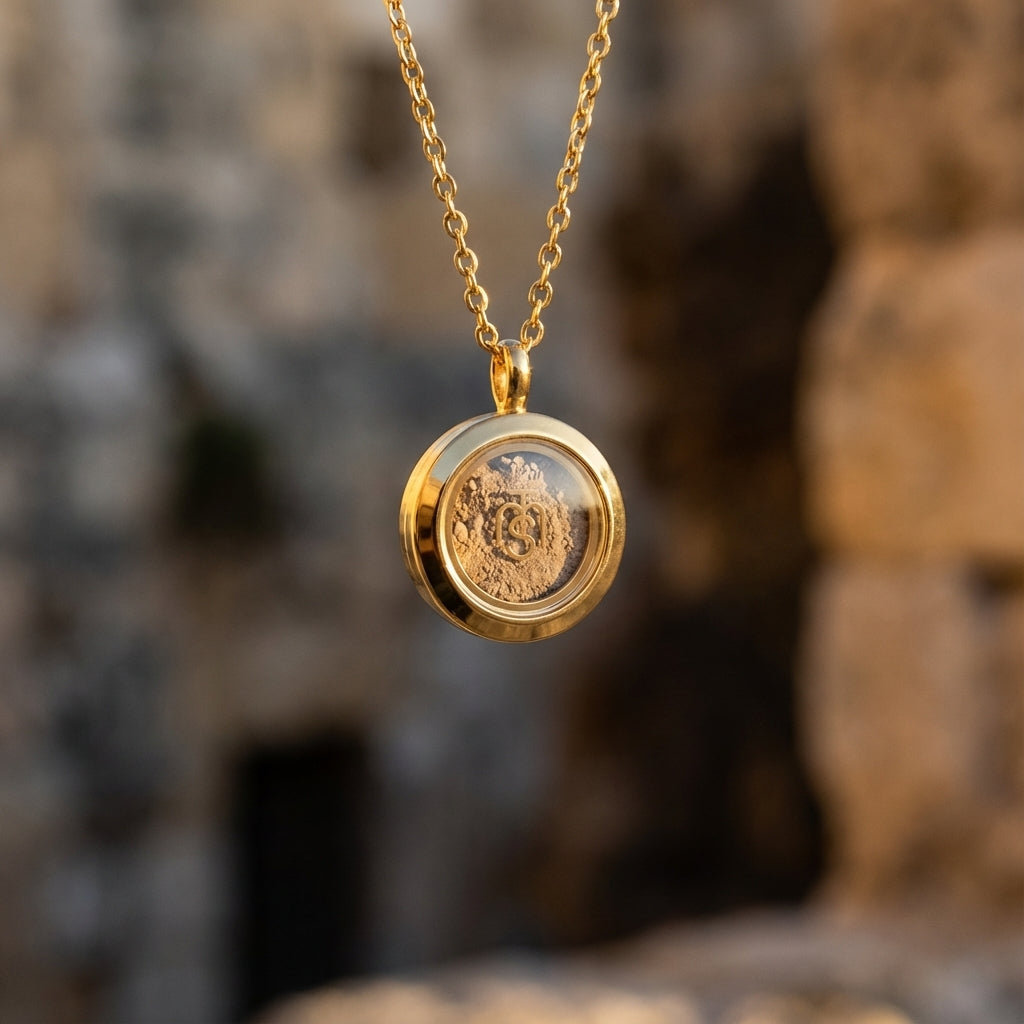 Gold Locket of Divine Promise containing authenticated Temple Mount soil, shown against ancient Jerusalem stonework