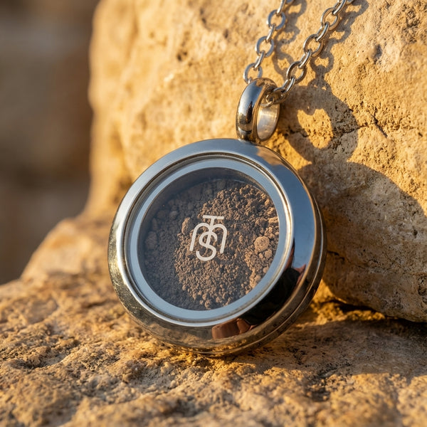 Silver Locket of Divine Promise containing authenticated Temple Mount soil, shown against Jerusalem limestone