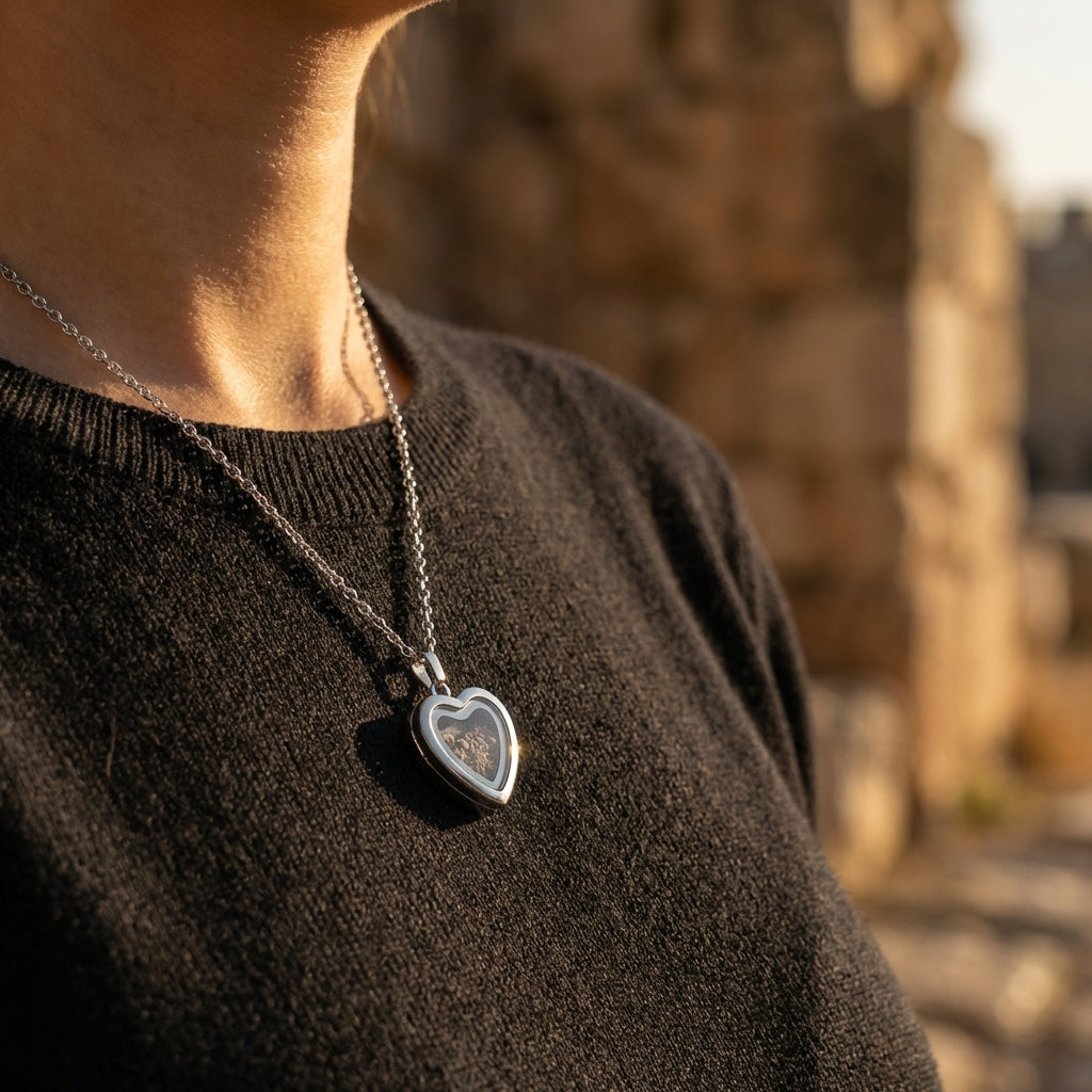 Silver heart locket necklace holding Temple Mount soil