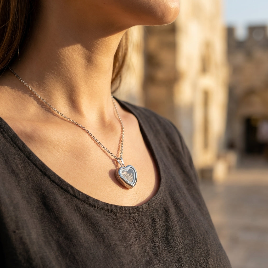 Silver heart necklace holding Temple Mount soil