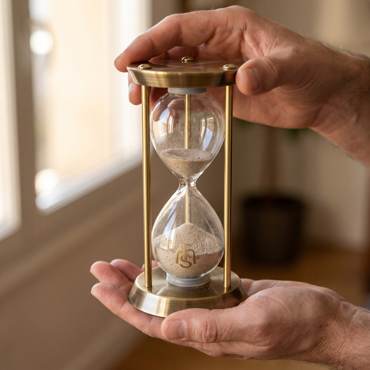 Two hands holding the Temple Mount Hourglass, showing its size