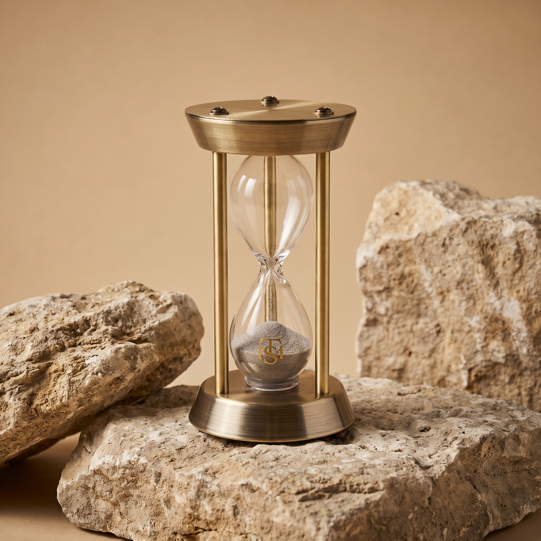 The Temple Mount Hourglass in antique brass on weathered Jerusalem limestone