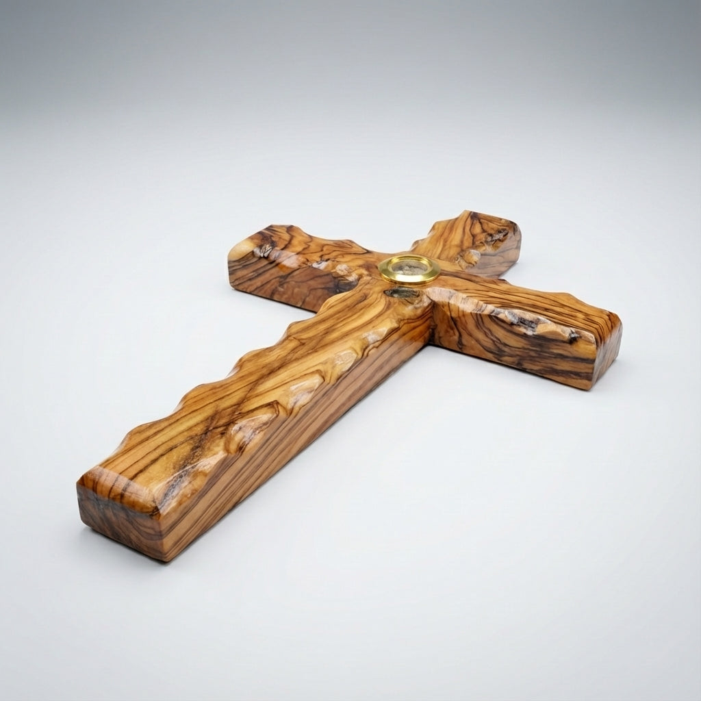 Olive wood cross with Temple Mount soil capsule