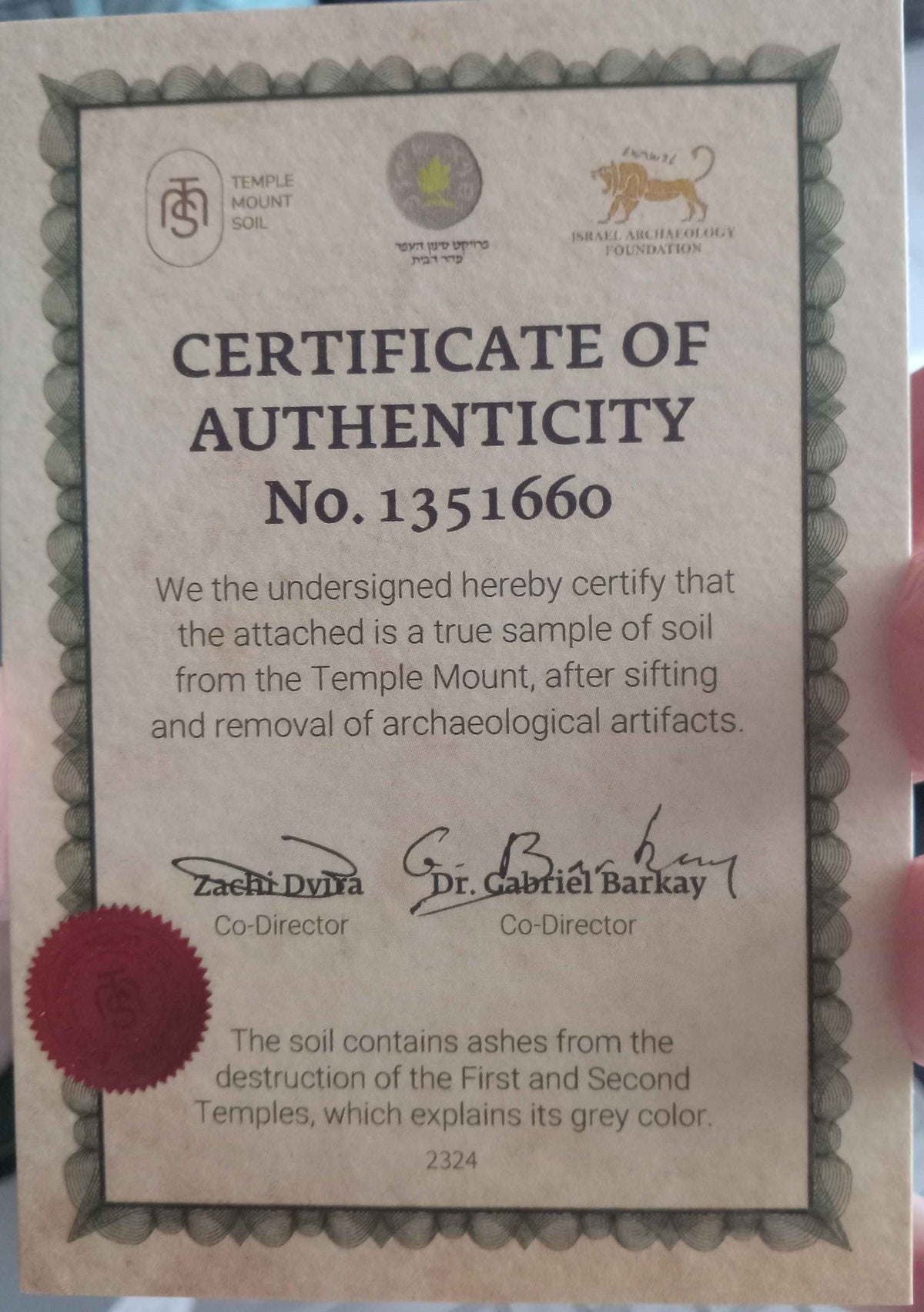 Certificate of Authenticity, signatures legible