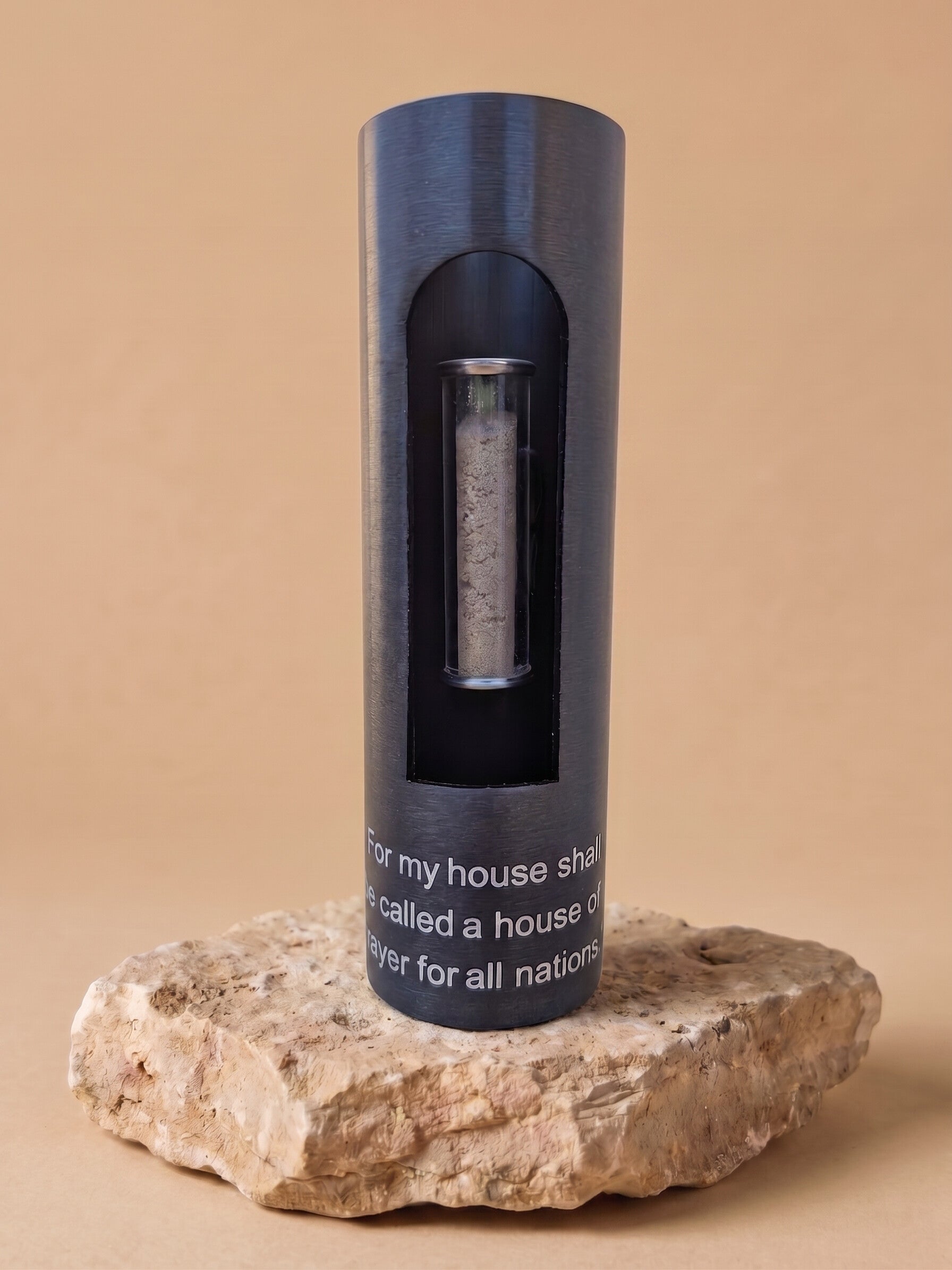 The House of Prayer Tower in grey with Temple Mount soil capsule and Isaiah 56:7 engraving