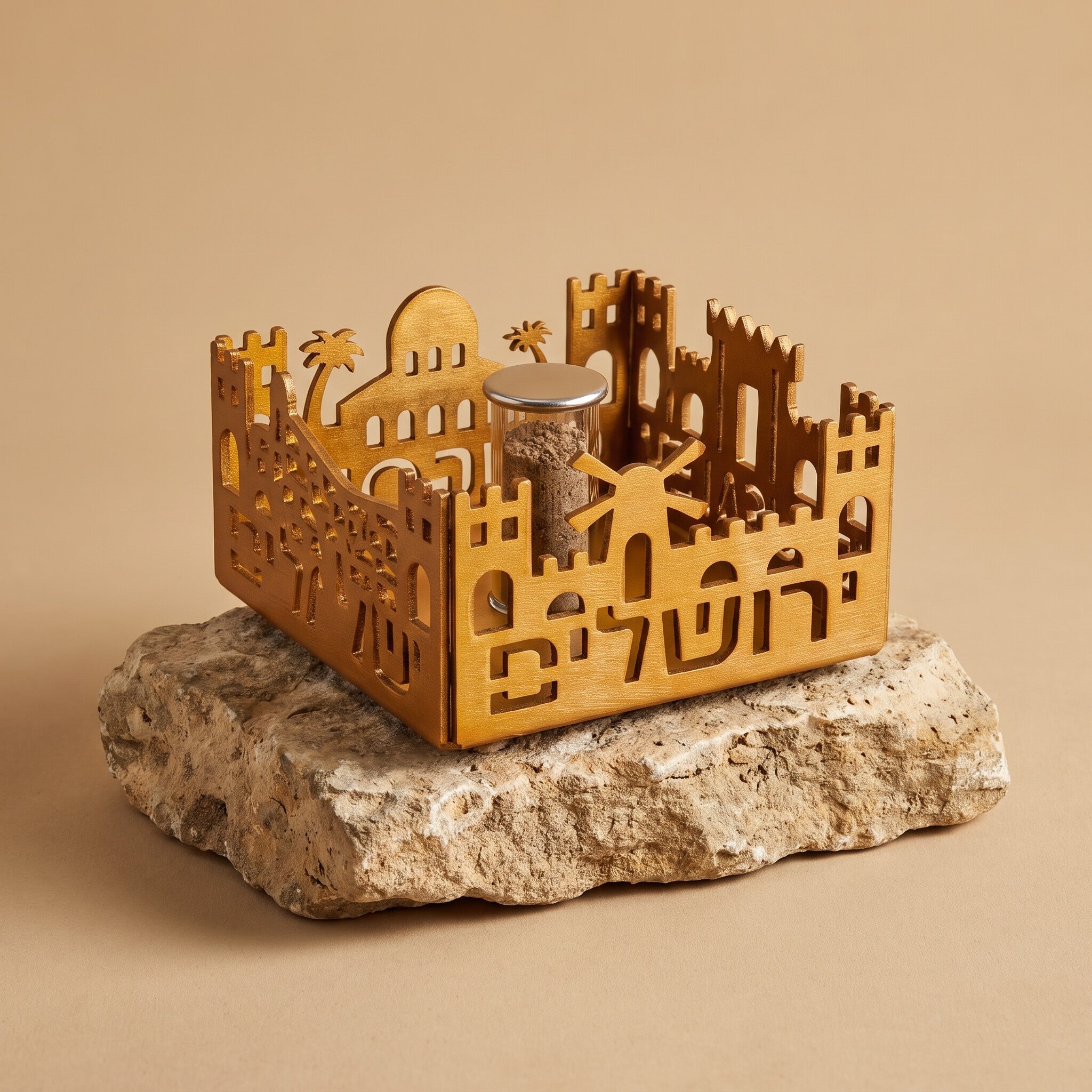 Jerusalem of Gold in warm gold with the city's name in Hebrew