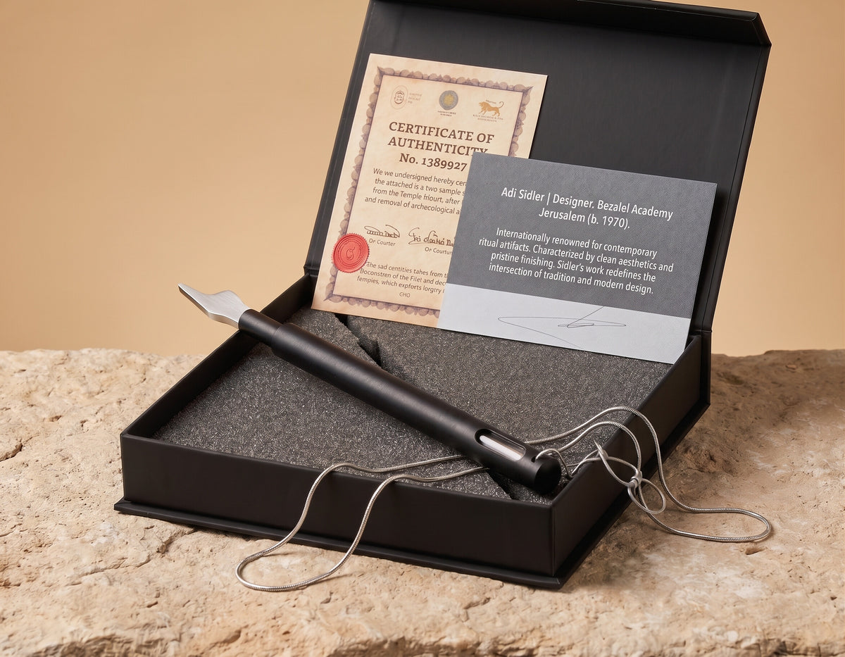 The Hand of the Scroll in its Temple Mount Soil Collection gift box with Certificate of Authenticity