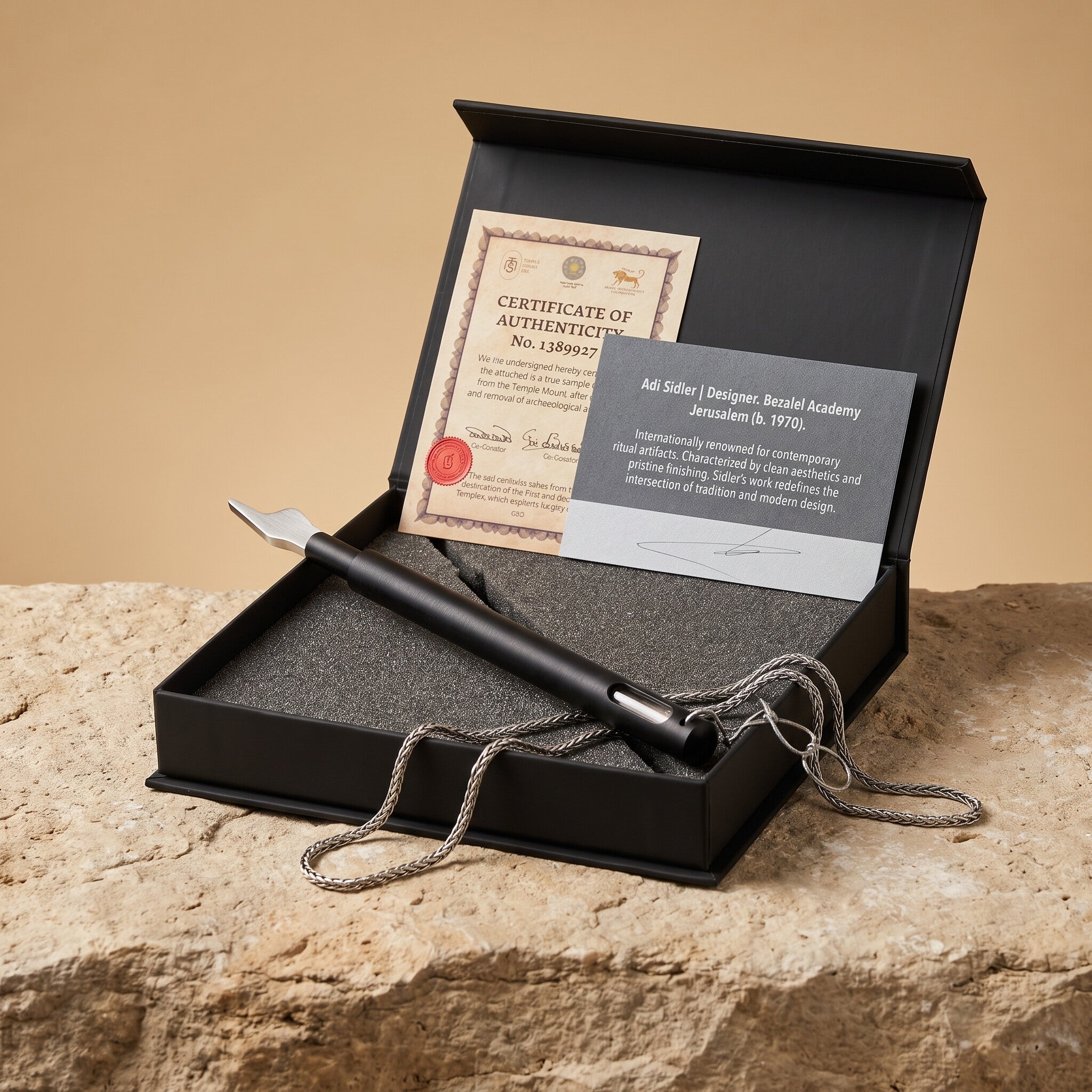 The Hand of the Scroll in its Temple Mount Soil Collection gift box with Certificate of Authenticity