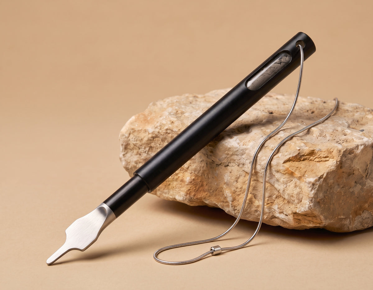 The Hand of the Scroll Torah pointer in black with soil capsule window and chain