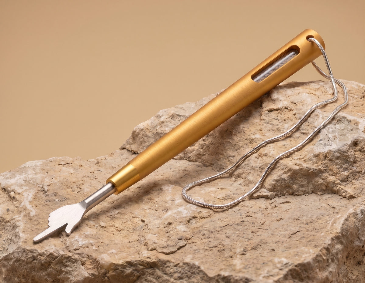 The Hand of the Scroll Torah pointer in gold with soil capsule window and chain