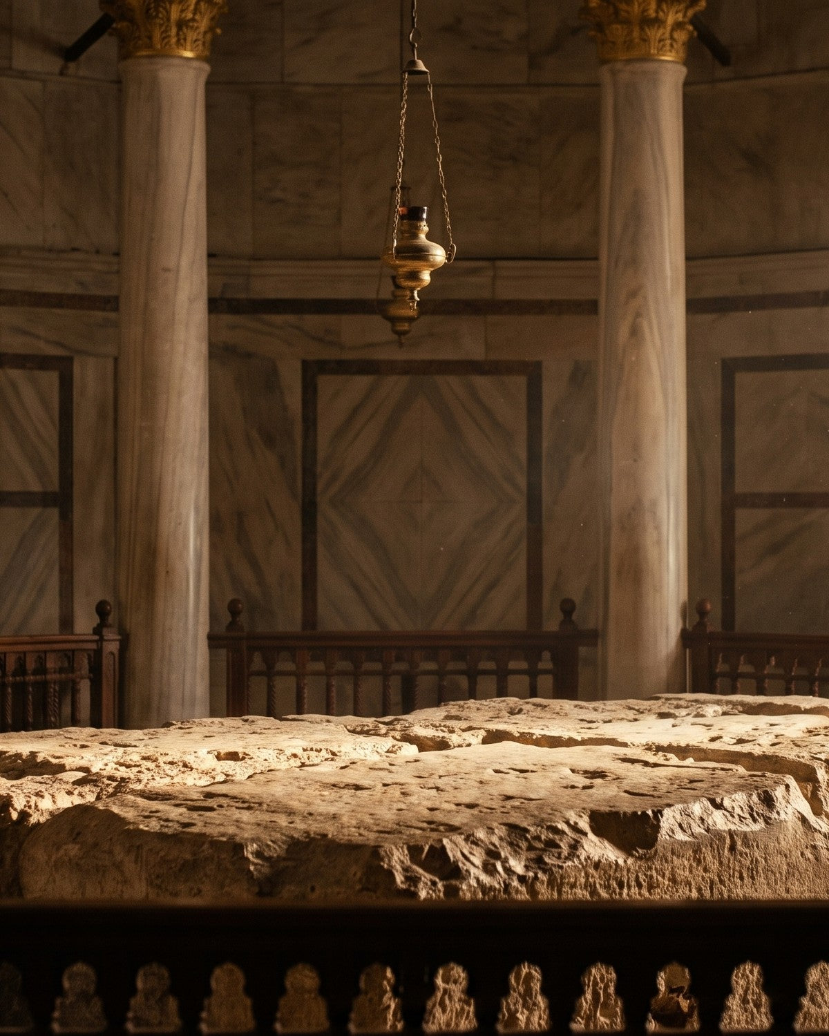 The Foundation Stone, the bedrock beneath the Dome of the Rock, in warm lamplight