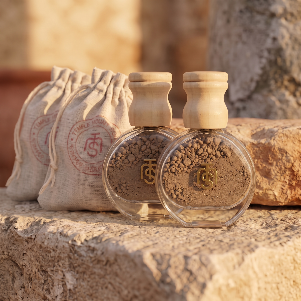 Two bottles of authentic Temple Mount soil with their jute pouches on Jerusalem stone