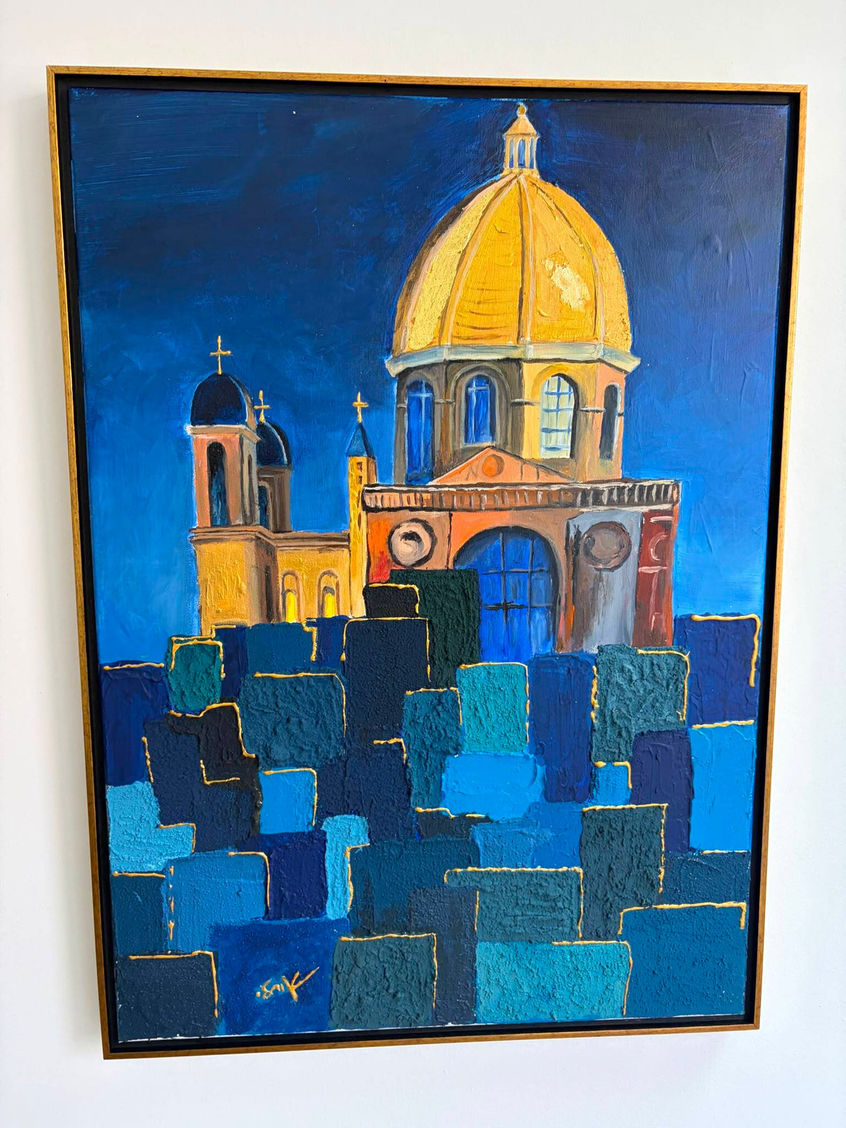 Focal Point of Existence by Orly Ditelzweig, acrylic and sand from the Temple Mount area on canvas, in a gold floating frame