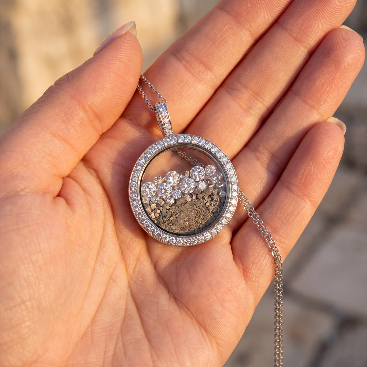 The Glory of Zion locket with moissanite and Temple Mount soil