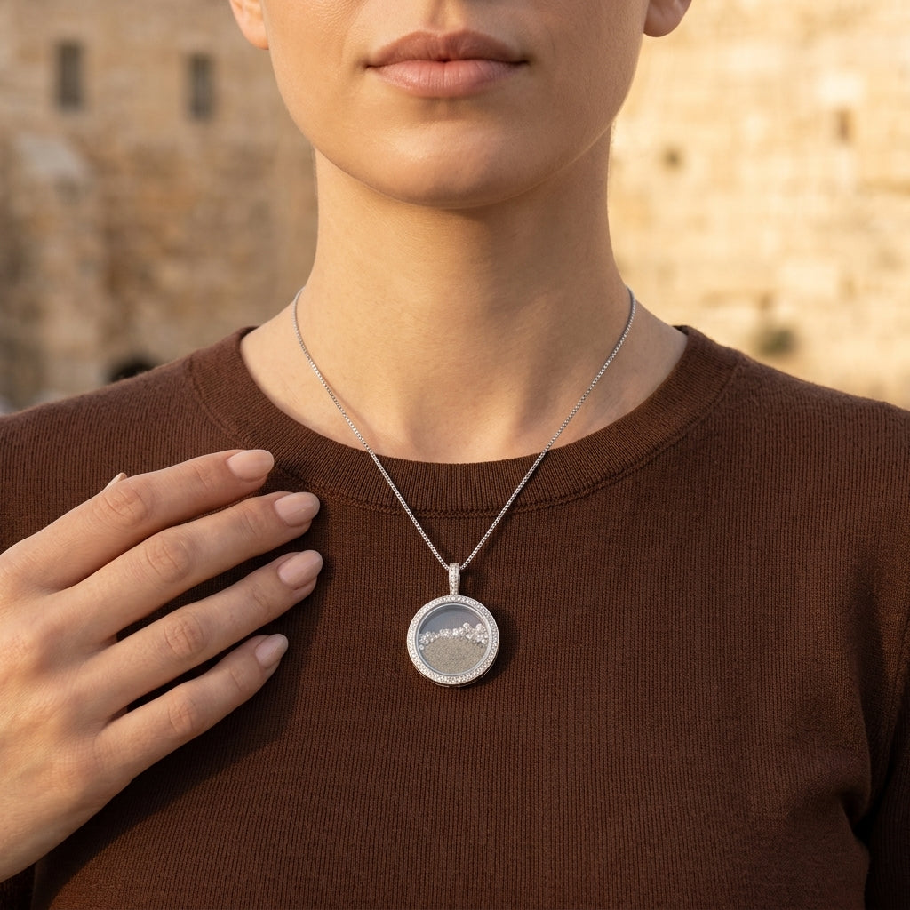 The Glory of Zion pendant with moissanite and Temple Mount soil
