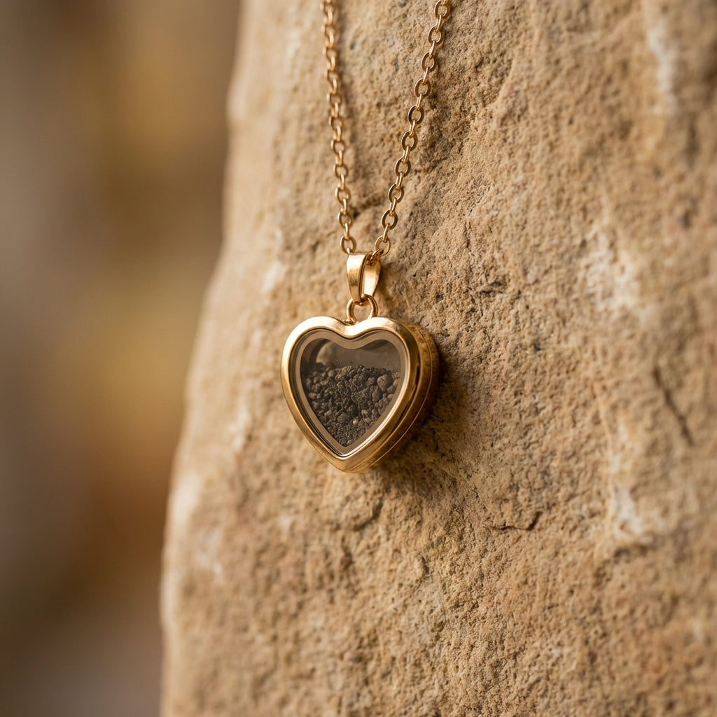 Gold heart pendant holding Temple Mount soil, in a natural setting