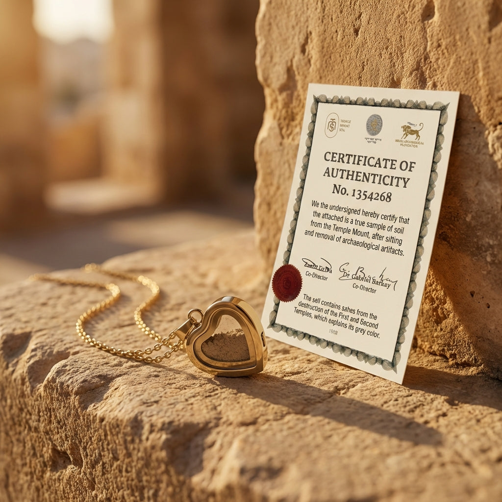 Gold heart-shaped necklace holding Temple Mount soil