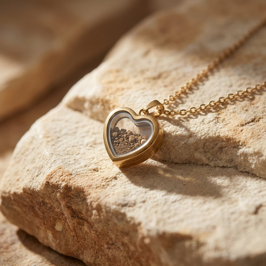 Heart pendant necklace in a gold finish, holding Temple Mount soil