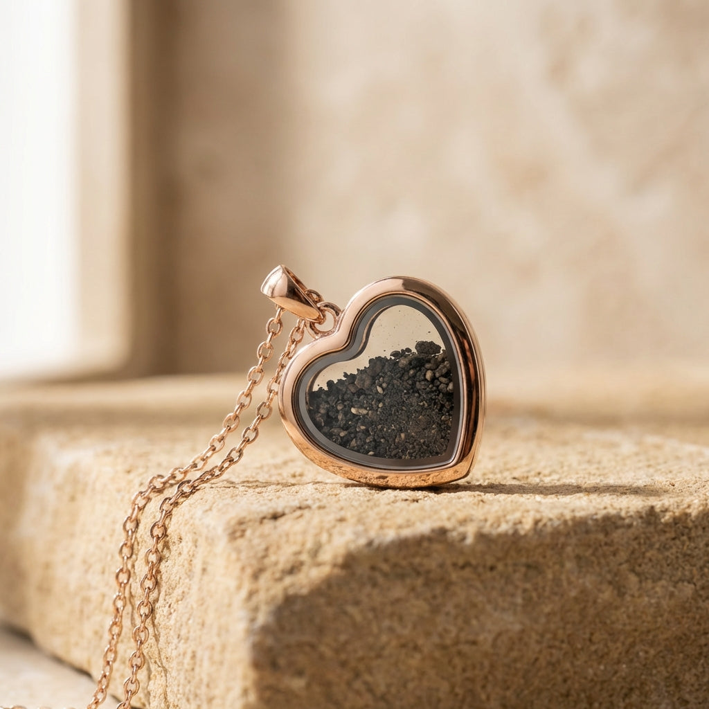 Heart pendant necklace in a rose gold finish, holding Temple Mount soil