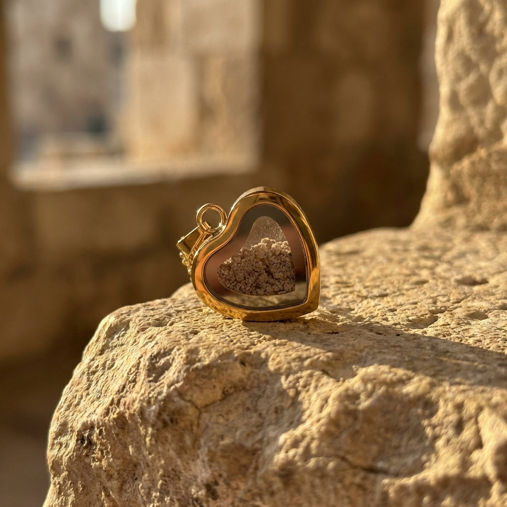 Gold heart-shaped locket holding Temple Mount soil