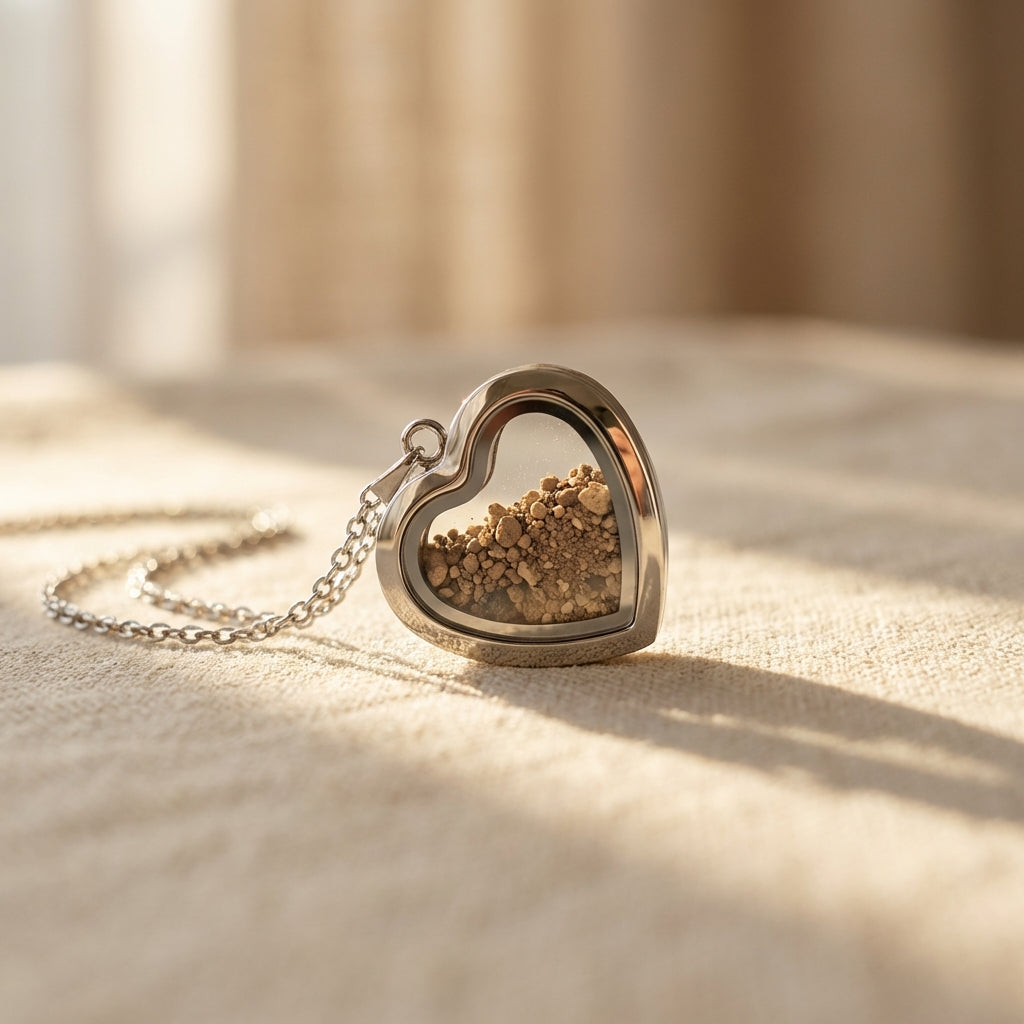 Gold heart-shaped necklace holding Temple Mount soil, in warm light