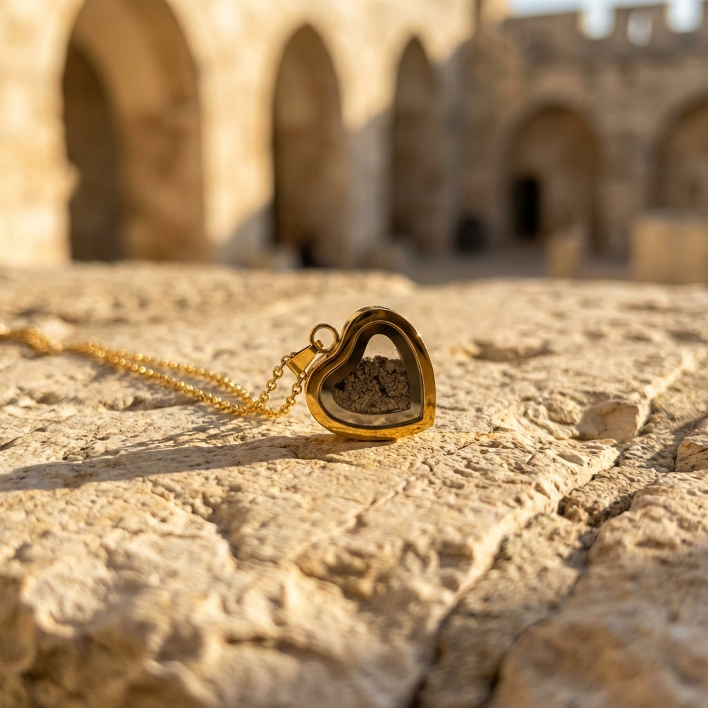 Gold heart-shaped necklace holding Temple Mount soil