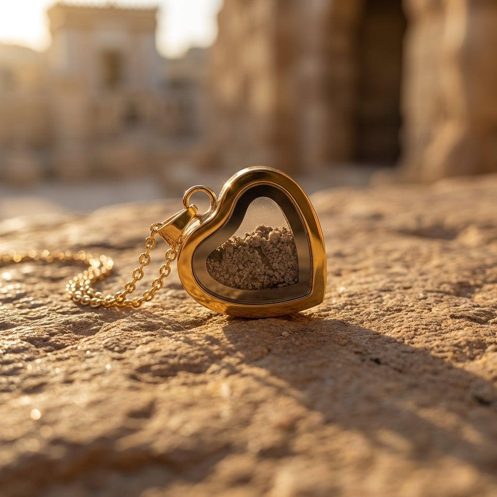 Heart-shaped pendant holding Temple Mount soil, in natural light