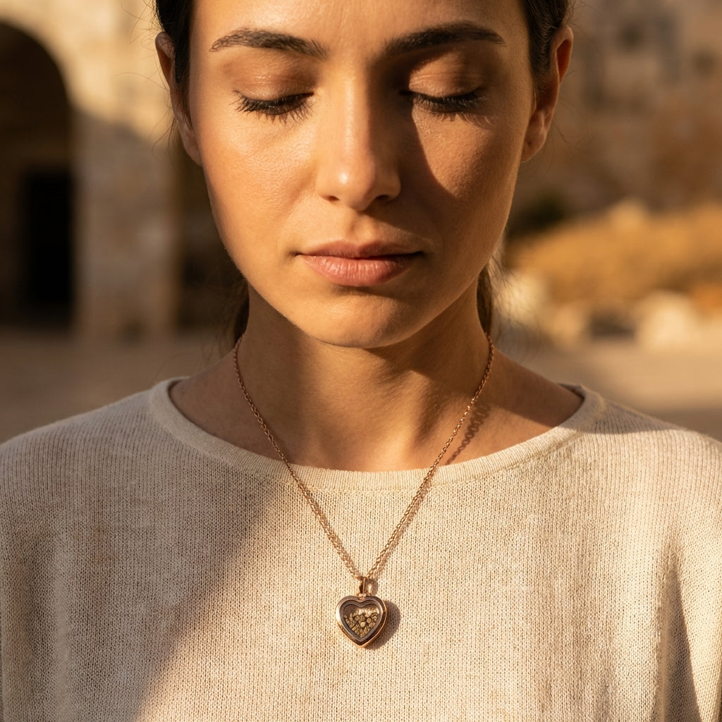 Heart-shaped pendant worn on a chain
