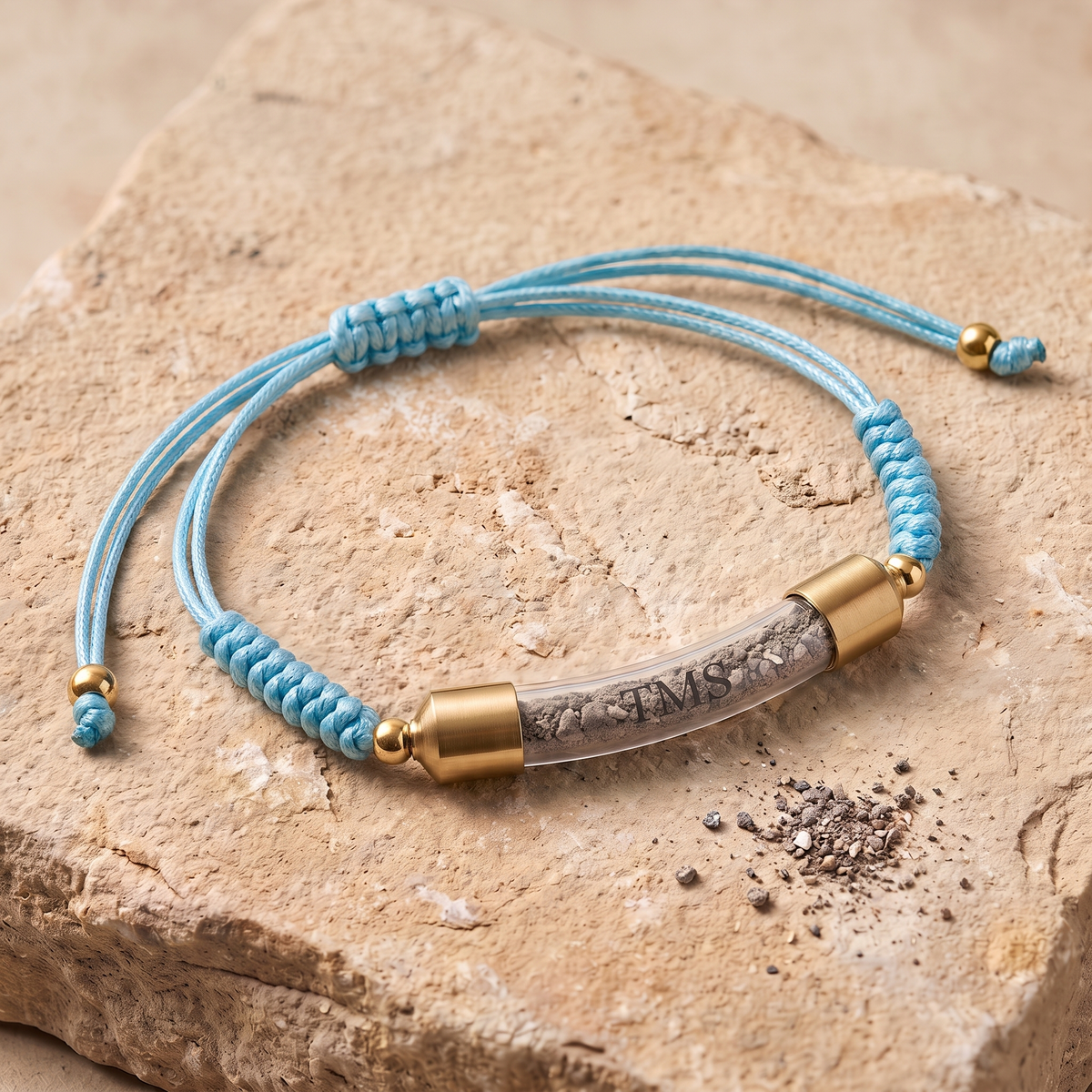 Covenant Soil Bracelet in blue with gold-tone caps, glass capsule filled with Temple Mount soil