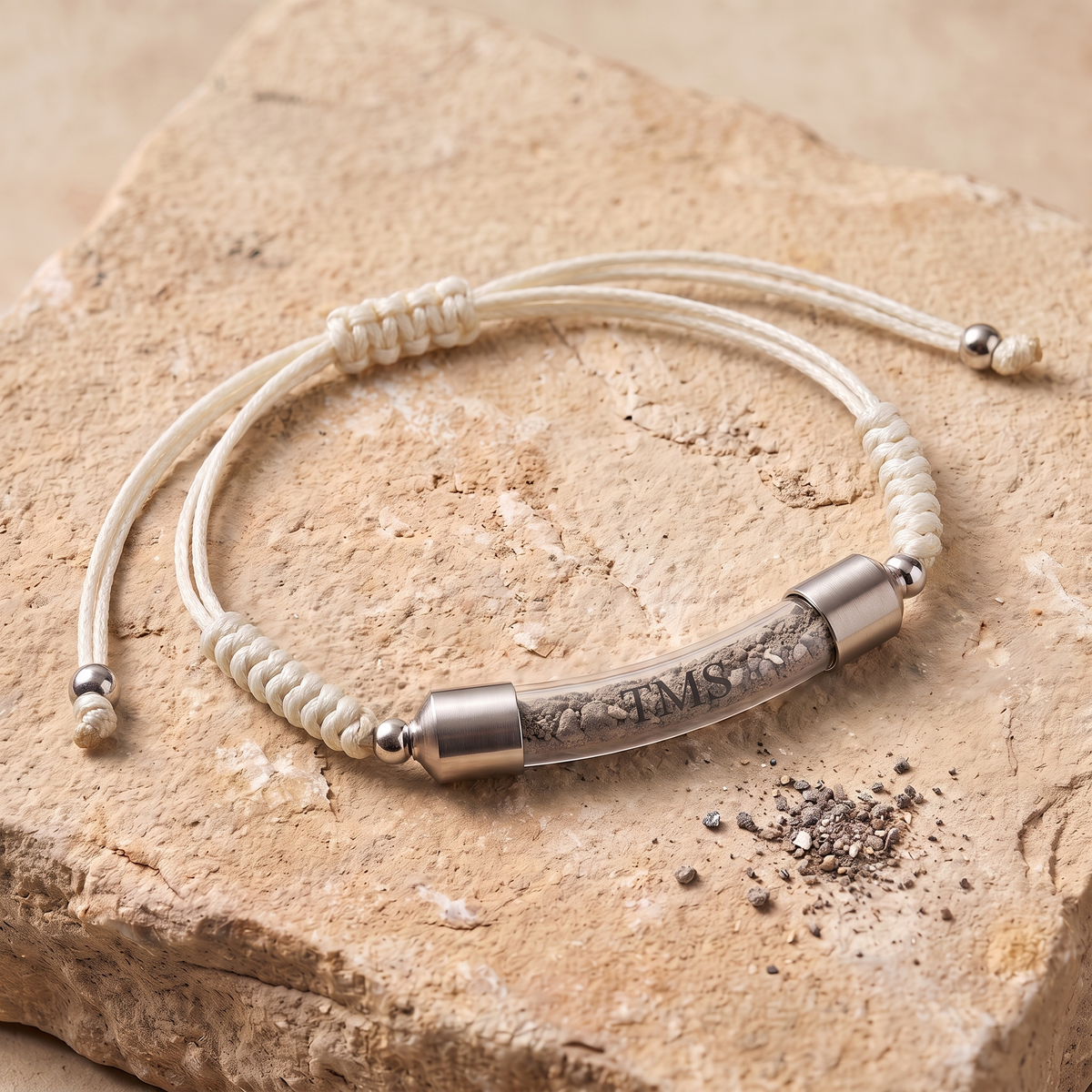 Covenant Soil Bracelet in white with brushed steel caps, glass capsule filled with Temple Mount soil