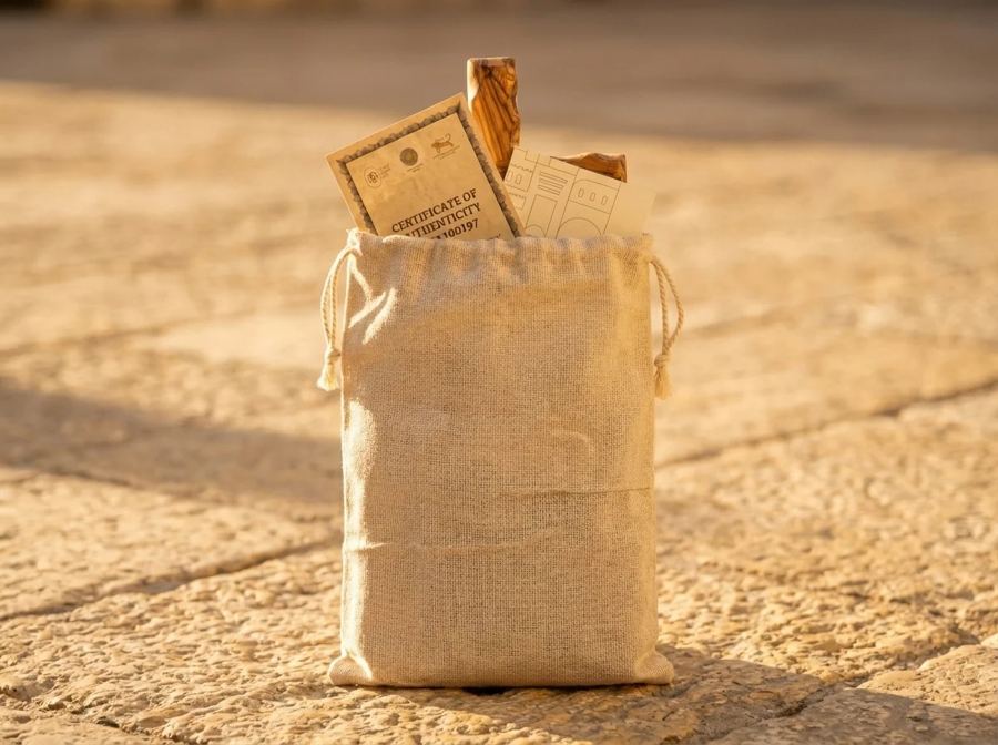 The cross and certificate in a linen drawstring gift bag