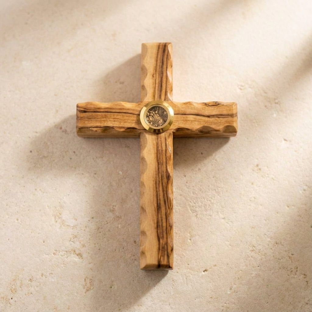 Olive wood cross with its golden Temple Mount soil capsule