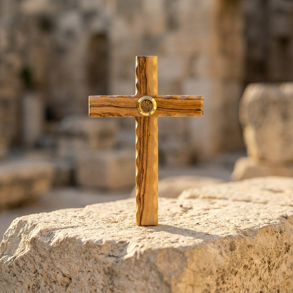 Olive wood cross with its golden Temple Mount soil capsule