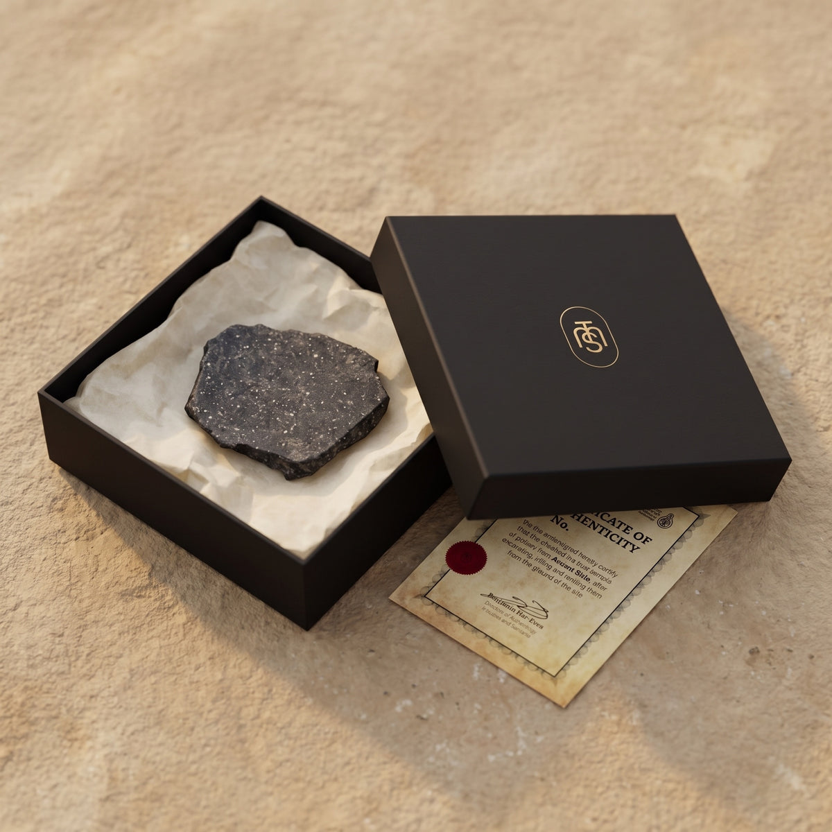 Roman cooking pot shard from Tel Shiloh in its black gift box with the Certificate of Authenticity