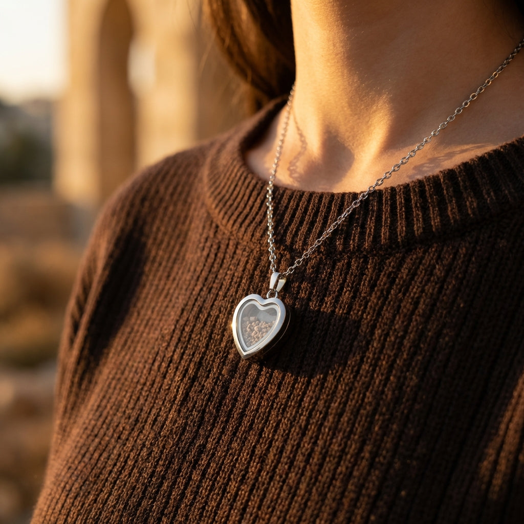 Silver heart-shaped necklace holding Temple Mount soil, in natural light