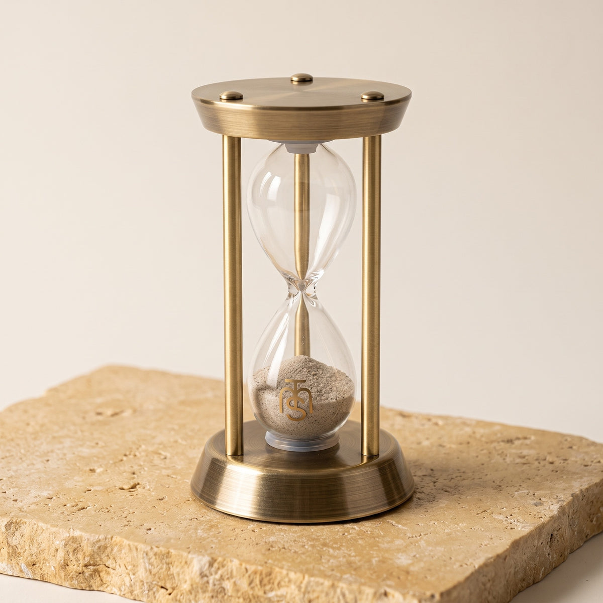 The Temple Mount Hourglass in antique brass, Temple Mount soil running through the glass