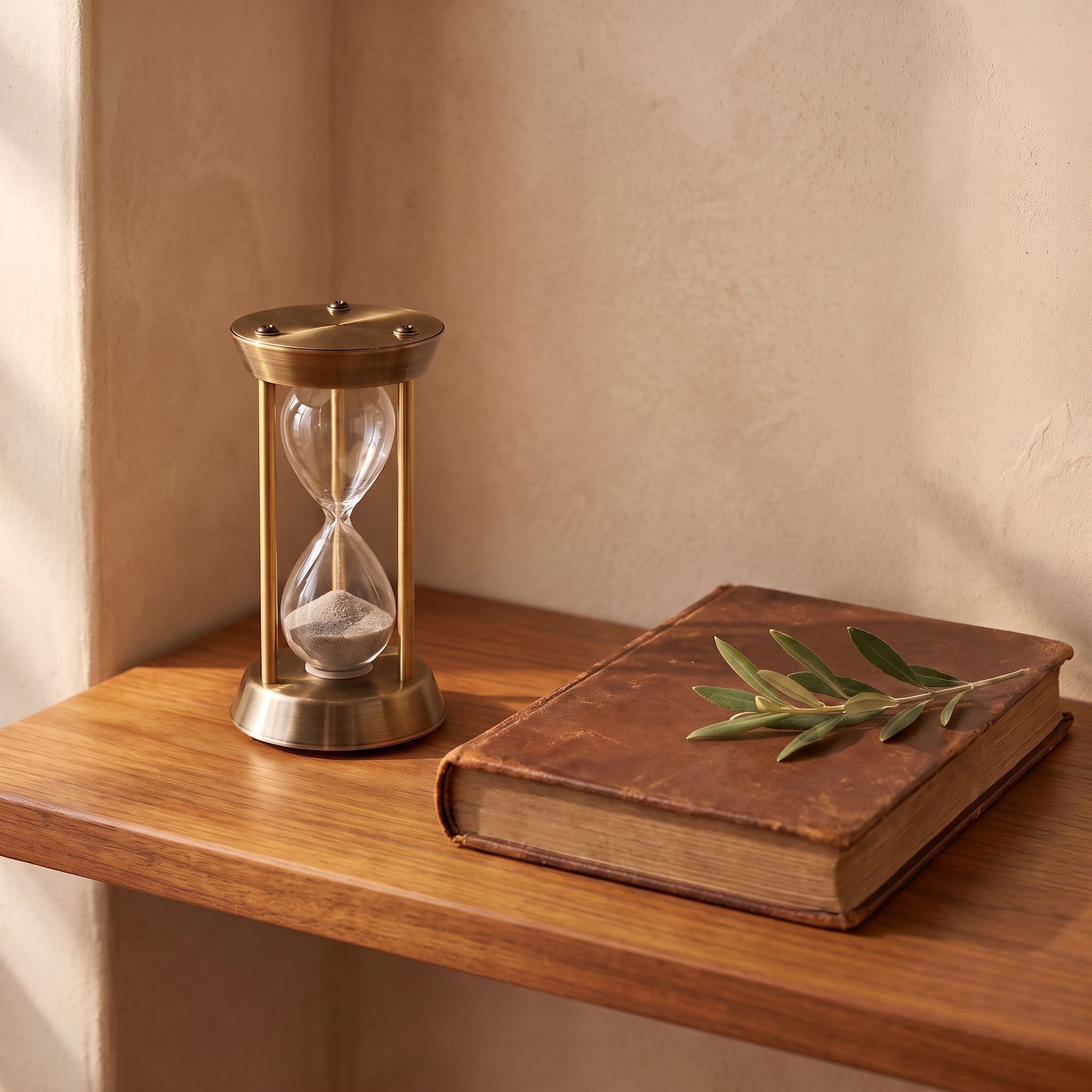 The Temple Mount Hourglass on a wooden shelf beside a leather-bound book and olive branch