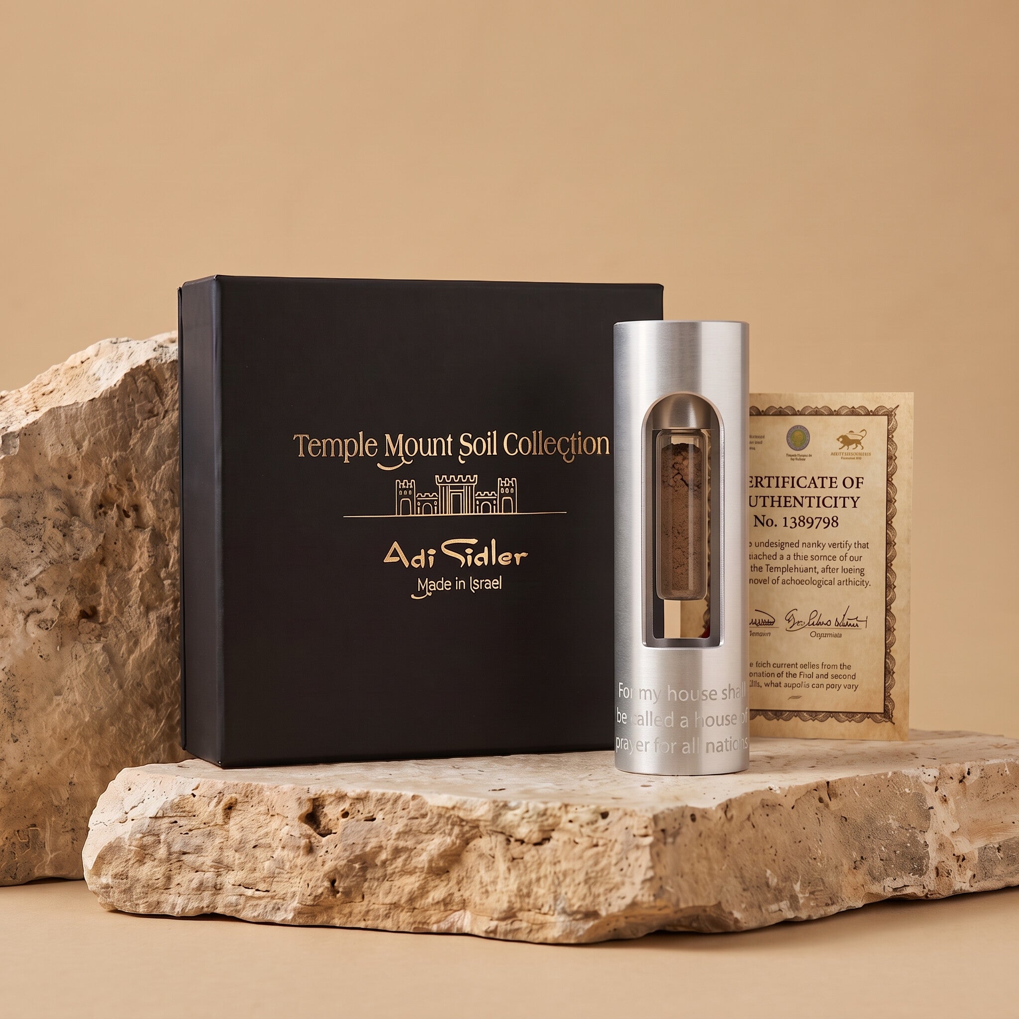 The House of Prayer Tower with the Temple Mount Soil Collection gift box and Certificate of Authenticity