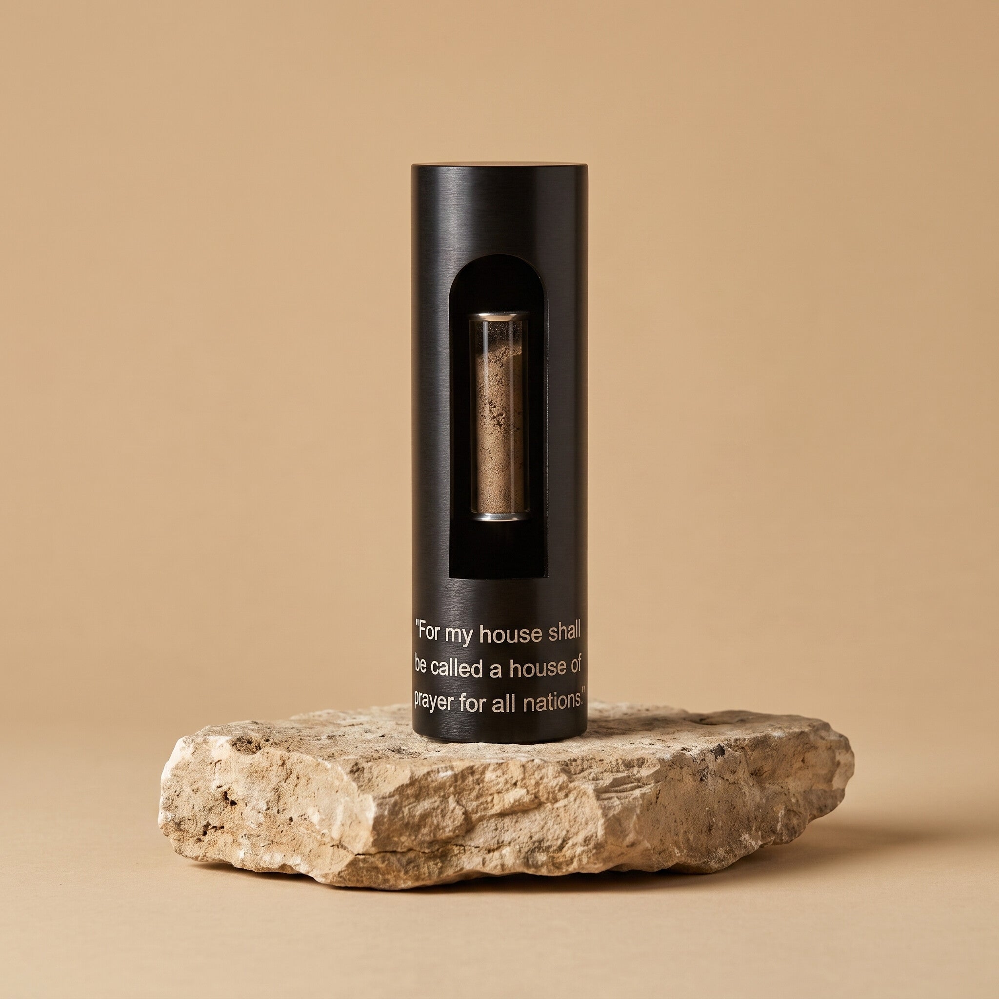 The House of Prayer Tower in black with Temple Mount soil capsule and Isaiah 56:7 engraving