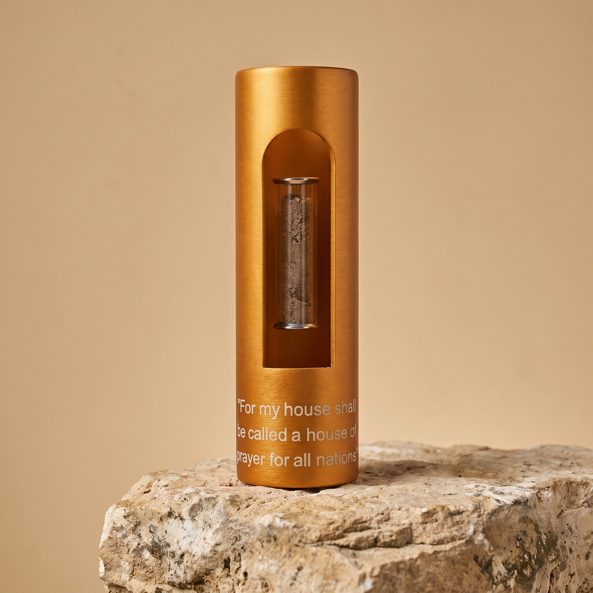 The House of Prayer Tower in brushed gold with Temple Mount soil vial and Isaiah 56:7 engraving
