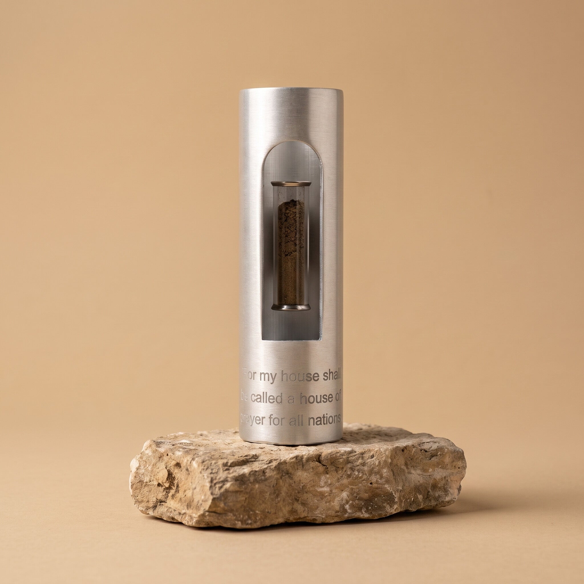 The House of Prayer Tower in brushed silver with Temple Mount soil vial and Isaiah 56:7 engraving