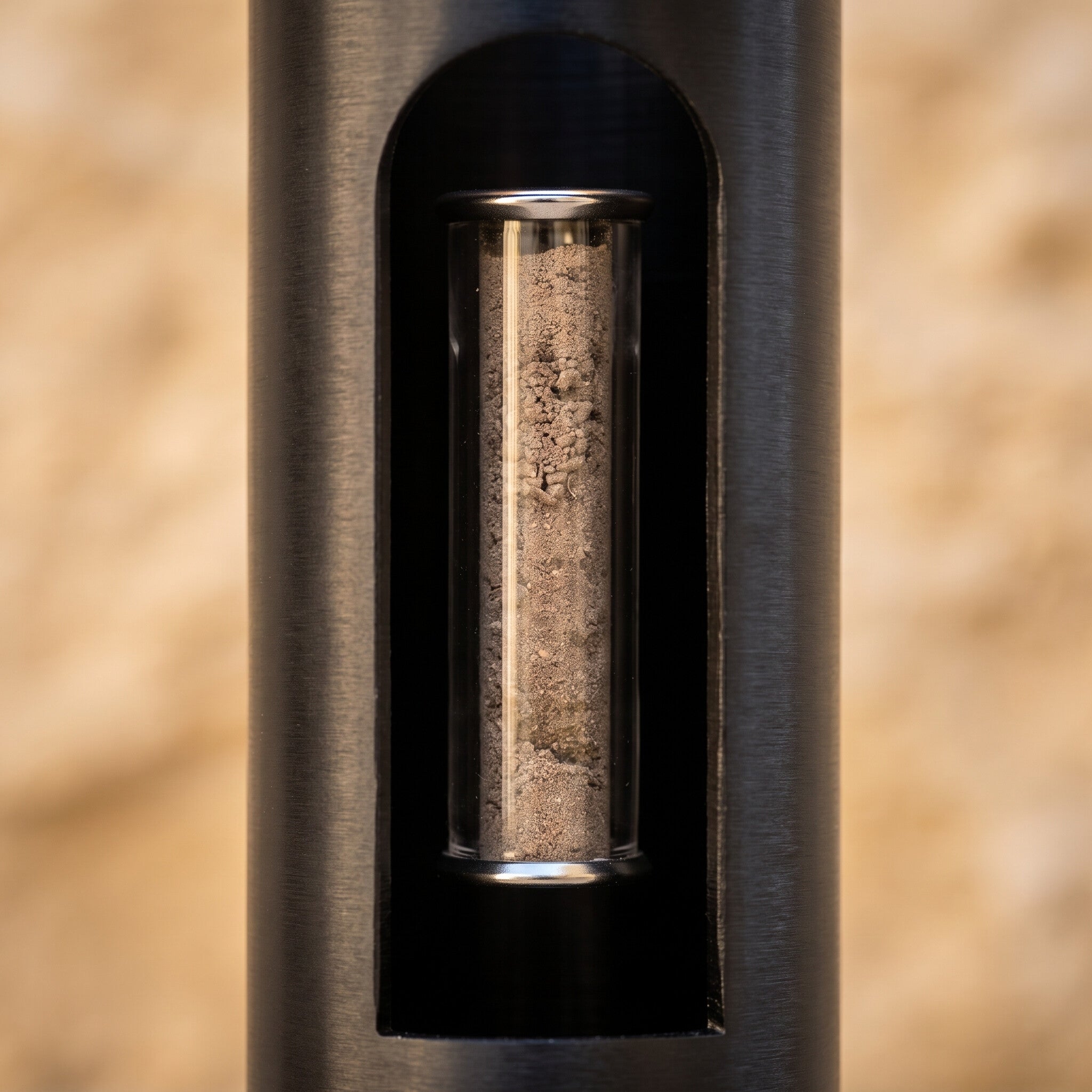 Close view of the sealed glass vial of authentic Temple Mount soil inside the tower's arched window